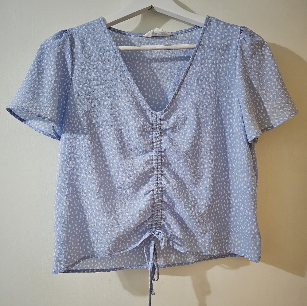 Light Blue with White dots crop top small pink rose